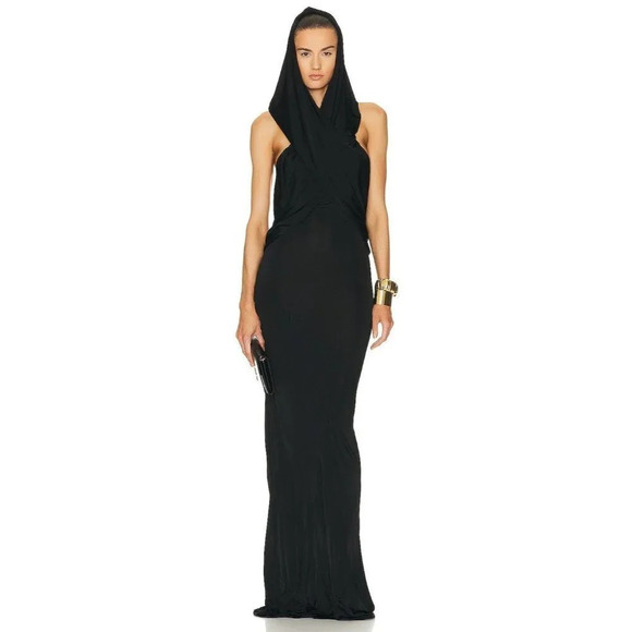 SAINT LAURENT Hooded Crepe Dress in Noir 36 New Womens Long Maxi Gown - Picture 3 of 17
